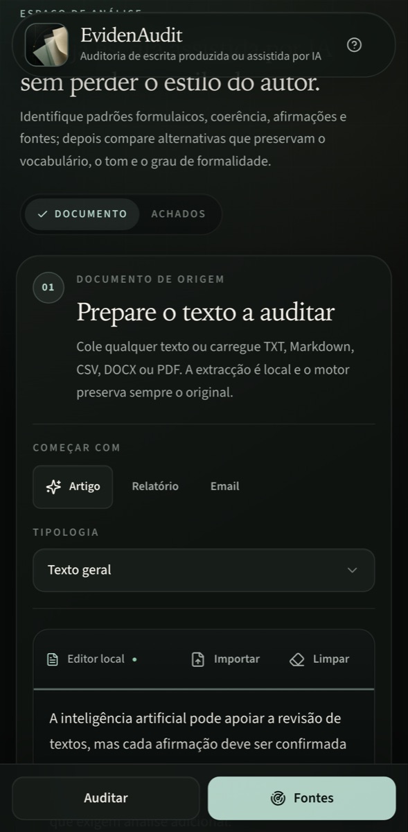 Espaço de análise: escolha do tipo de texto (artigo, relatório ou email), tipologia e editor local com o texto a auditar.